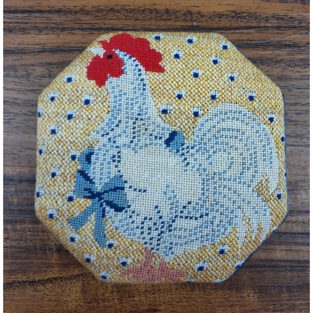 Vintage FETCO Hand Stitched Needlework Trinket Box Blue Rooster Octagon Box